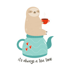 Funny illustration of a cute sloth sitting on a kettle