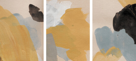 Abstract paintings. Versatile artistic image for creative design projects: posters, banners, cards, websites, magazines, wallpapers, invitations. Muted colours. Blue, yellow and black paints.