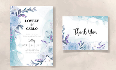 elegant hand drawing ice blue floral wedding invitation card