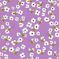 Fototapeta premium Seamless pattern with bees and flowers on color background. Small wasp. Vector illustration. Adorable cartoon character. Template design for invitation, cards, textile, fabric. Doodle style