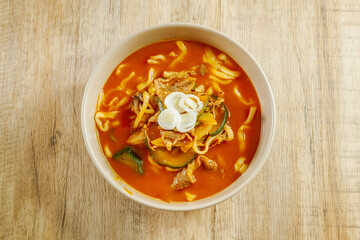 Korean gochujang noodle soup, 'jang kalguksu' - obrazy, fototapety, plakaty