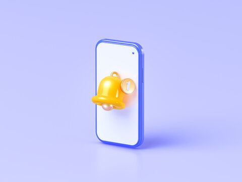 Minimal Notification bell icon in phone isolated on blue background. one new notification concept. Social Media element. 3d rendering