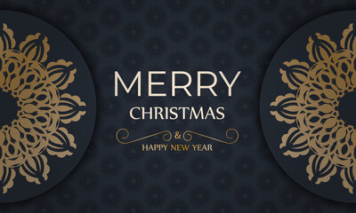 Dark blue happy new year flyer with winter gold pattern