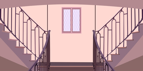 vector illustration of a hall with a picture of a flight of stairs in the room and a window for the decoration of illustrations depicting the interior and as a background