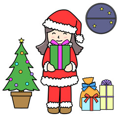 クリスマスプレゼントを抱えたサンタ服の女の子のイラスト