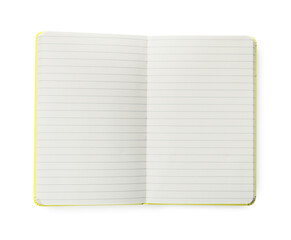 Stylish open notebook with blank sheets isolated on white, top view