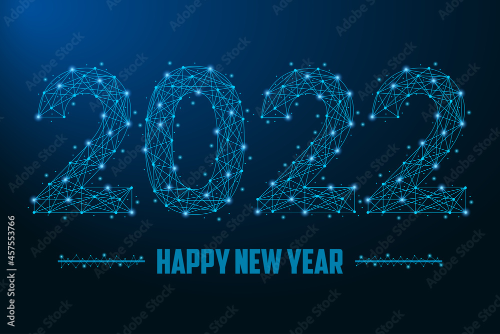 Poster 2022 new year illustration made by points and lines, polygonal wireframe mesh on night sky, dark blu