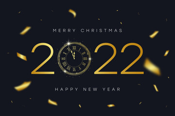 2022 New Year and Merry Christmas banner with gold vintage clock with Roman numerals and golden confetti. Shiny text and clock-face dial with eve for New Year. Vector illustration