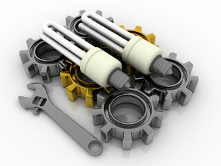 3d illustration cfl bulb in Adjustable wrench with gear wheel

