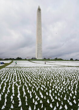 White flags representing Americans who have died of COVID-19 are placed on the National Mall in Washington