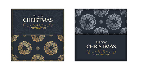 Dark blue merry christmas flyer with vintage gold pattern