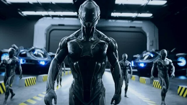 Military space futuristic soldiers walk in mitary space base. Realistic 4k animation.