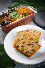 Christmas Fruit Cake with concrete texture background