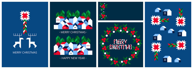 Obraz na płótnie Canvas Merry Christmas and Happy New Year Set. Geometric, Modern, Minimalist style. Corporate Holiday cards, invitations, backgrounds, greeting, posters, covers, print. Sketch Vector illustration.