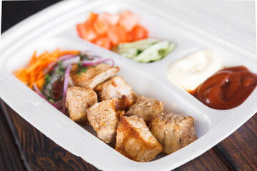 beef kebab in plastic packaging. Takeaway food