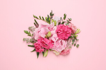 Beautiful composition with hortensia flowers on pink background, flat lay