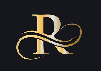R Letter Initial Luxurious Logo Template. Premium R Logo Golden Concept. R Letter Logo with Golden Luxury Color and Monogram Design. - obrazy, fototapety, plakaty