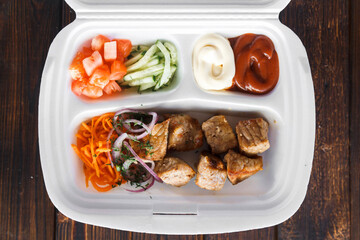 beef kebab in plastic packaging. Takeaway food