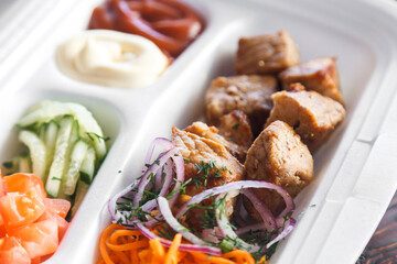 beef kebab in plastic packaging. Takeaway food