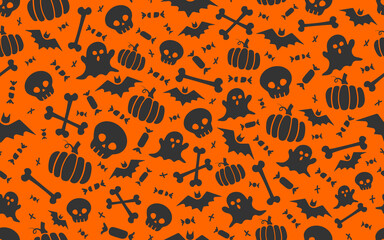 seamless halloween pattern with scull bat ghost pumpkin bone candies orange and black