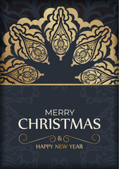 Flyer merry christmas and happy new year dark blue color with abstract gold pattern