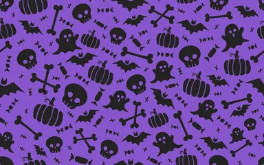 Fototapeten seamless halloween pattern with scull bat ghost pumpkin bone candies purple and black © Yana
