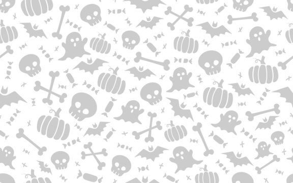 seamless halloween pattern with scull bat ghost pumpkin bone candies white and black