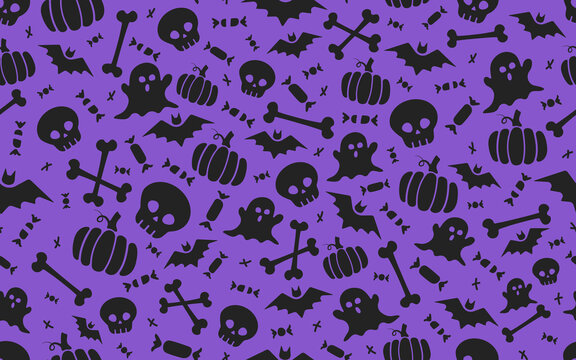 seamless halloween pattern with scull bat ghost pumpkin bone candies purple and black