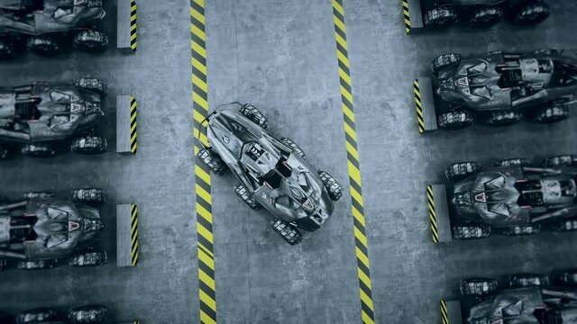 Futuristic military tanks in military base. Realistic 4k animation.