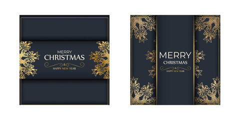 Flyer merry christmas dark blue color with winter gold ornament