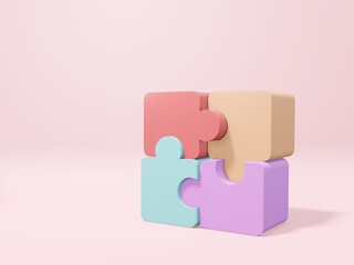 3D jigsaw on pink background. Problem-solving, business concept. 3d render illustration