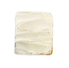 Toasted bread with cream cheese isolated on white, top view