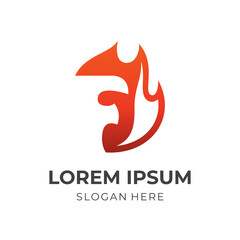 letter F and fire logo design template concept vector with flat orange color style