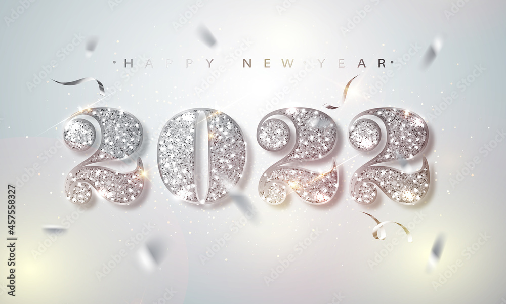 Poster happy new year 2022 greeting card with silver numbers and confetti frame on white background. vector