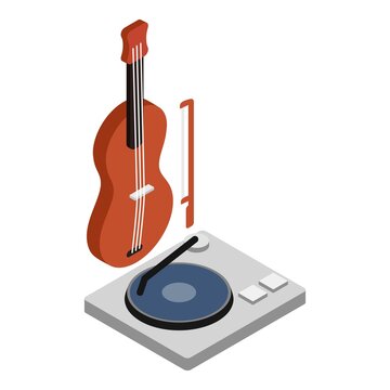 Musical equipment icon isometric vector. Wooden classic violin and record player. Music concept, hobby and leisure