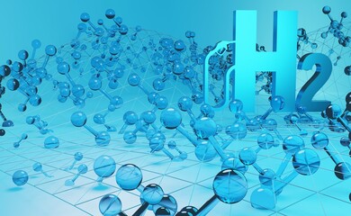 Hydrogen gas, the fuel of the future. The staging on a blue background. 3d render