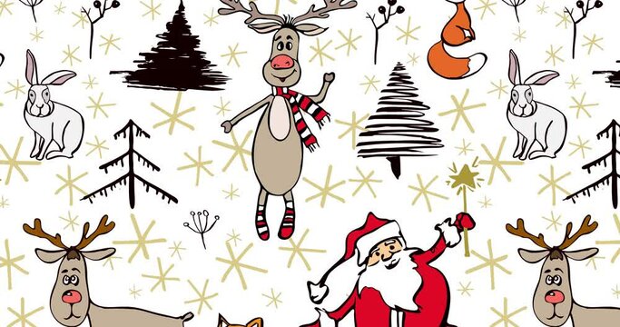 Christmas seamless pattern with traditional character set on white background. Animation winter xmas illustration. 4K footage video card moving from left to right or from top to bottom