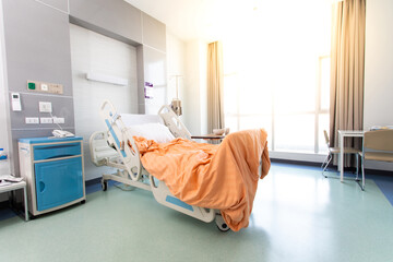 Recovery Room with beds and comfortable medical. Interior of an empty hospital room. Clean and empty room with a bed in the new medical center