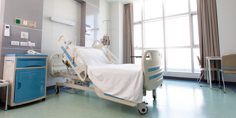 Recovery Room with beds and comfortable medical. Interior of an empty hospital room. Clean and empty room with a bed in the new medical center