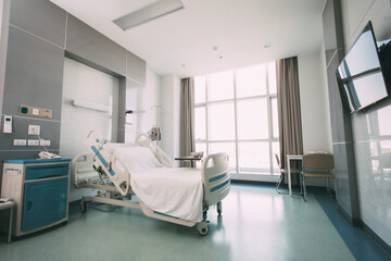 Recovery Room with beds and comfortable medical. Interior of an empty hospital room. Clean and empty room with a bed in the new medical center