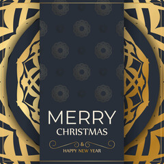 Greeting card for Merry Christmas and Happy New Year in dark blue with winter gold ornaments