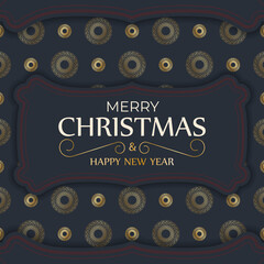 Greeting card for Merry Christmas and Happy New Year in dark blue with vintage gold ornament
