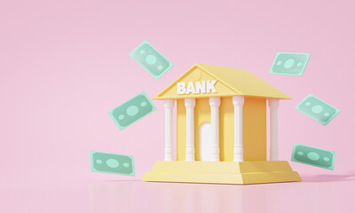 Minimal yellow bank building and banknote floating, business investment finance concept. money transaction security. cartoon style on pink background. illustrtion. 3d rendering