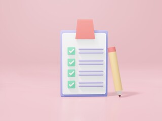 White clipboard with pencil checklist on pink background. 3d render illustration.
