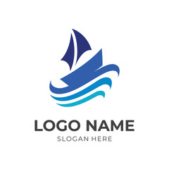 sailing logo design template concept vector with flat blue color style