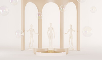 Mock up premium podium studio with wooden mannequin on pastel cream and bubble. Minimal  concept for product presentation. Trendy 3d render for social media banners, promotion, studio.