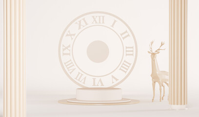 Mock up premium podium studio with clock on pastel cream and deer. Minimal mockup concept for product presentation. Trendy 3d render for social media banners, promotion, studio.