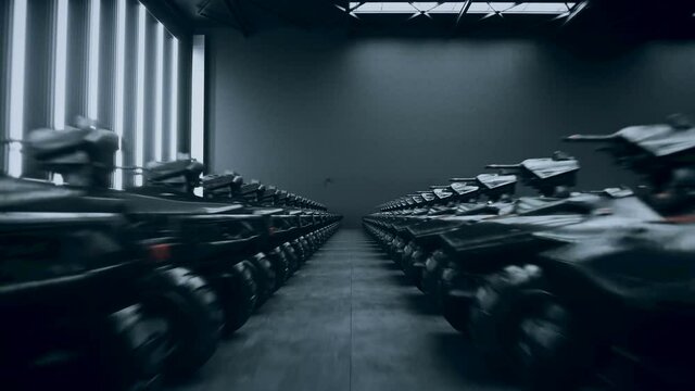 Futuristic military tanks in military base. Realistic 4k animation.