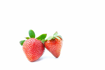 Two strawberries isolated on white background with copy space. Fruit  have high vitamins.