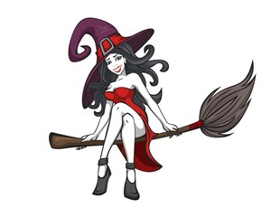 Gothic attractive witch in red dress flying on a broomstick